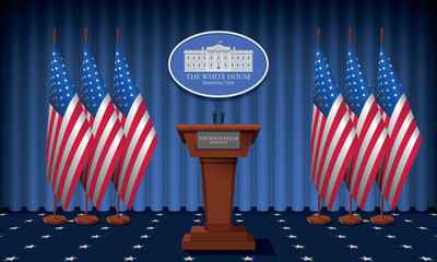Podium speaker tribune with USA flags and sign of White House vector illustration.