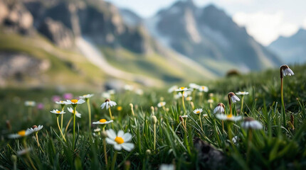 An inviting meadow filled with diverse flowers, framed by towering peaks.