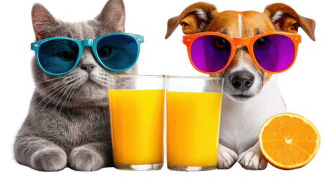 Cool Cat and Dog with Orange Juice: A charming image of a grey cat and a brown dog, both sporting stylish sunglasses, sitting side-by-side.
