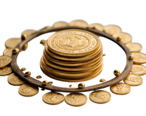 Elevate Your Finances, A Golden Stack Within a Magic Circle Symbolizing Wealth and Prosperity, Ideal for Investment, Savings, and Financial Success Concepts