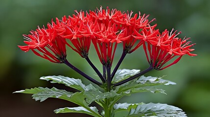 Vivid red flowers, clustered. Dark stems, green leaves. Lush growth. Bright, natural image of vibrant beauty