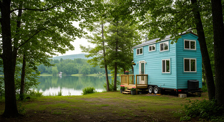 Tiny House By Peaceful Lake Surrounded By Trees And Rolling Hills