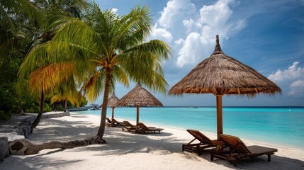 Tropical beach paradise with palm trees and thatched umbrellas (1)