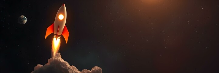 Rocket Launch: A powerful rocket blasts off into space, leaving a trail of smoke and fire. The image is set against a dark backdrop of stars and planets.