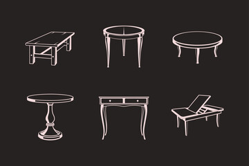Collection of furniture illustrations featuring tables side tables and vintage desks on a black backdrop