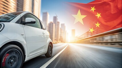 Tariff on Chinese EV Cars showing cityscape with a car and Chinese flag in motion.