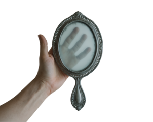 Ethereal Reflection, Hand Holding Antique Mirror with a Ghostly Handprint on Fogged Surface, Creating a Mysterious and Timeless Image Evoking Fantasy and Intrigue