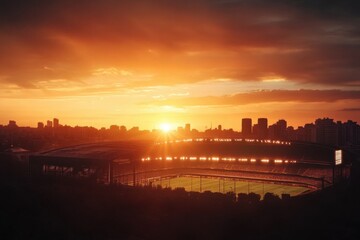 A stunning sunset casts vibrant colors over a large stadium filled with lights, showcasing a lively sports atmosphere.