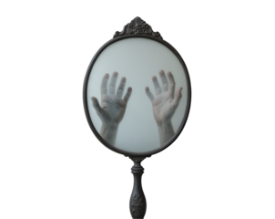 Ethereal reflection, Ghostly hands emerge from a fogged antique hand mirror, evoking mystery, the paranormal, and introspective themes in a surreal composition