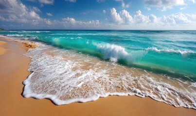 Tropical beach scene with turquoise waves on sandy shore