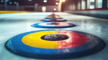 Close-up of curling stones on the ice, showcasing vibrant team colors in a competitive sports arena.