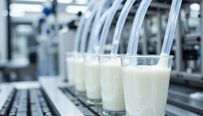 Glasses being filled with milk on an automated production line in a modern dairy processing facility.