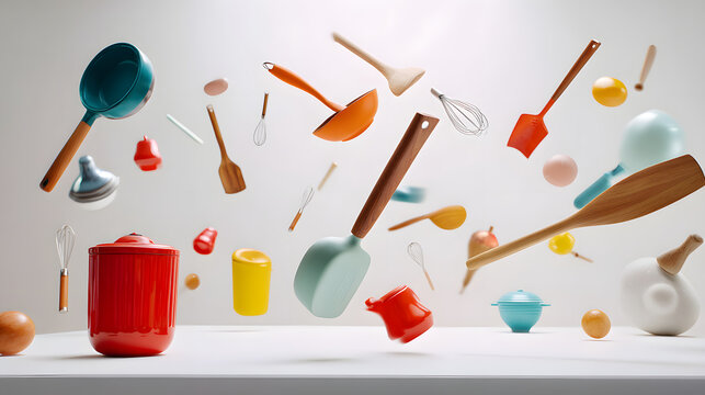 Whimsical Kitchen Utensil: Colorful kitchen tools float in a dynamic display, capturing the essence of culinary creativity and playfulness, ideal for food-related projects and imaginative content.