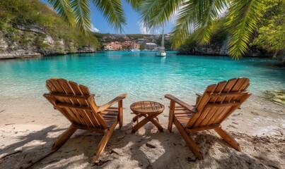 Tropical beach scene with wooden chairs