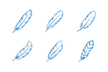 Set of six blue feather illustrations on white background for creative design © hafsa01
