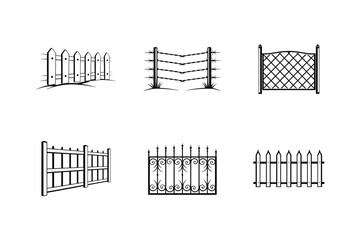 Various fence styles illustrations ornamental classic rustic barbed wire garden boundary vector graphics