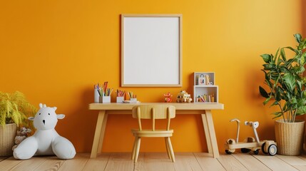 Orange Kid's Room Interior Design with Wooden Desk and Toys