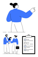 Businesswoman pointing forward, two professionals shaking hands, and a completed checklist. Ideal for collaboration, planning, leadership, teamwork, organization, goals and a simple landing page