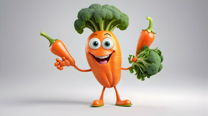 Brightly Colored Anthropomorphic Vegetable Character with Joyful Expression, Playful Pose, Realistic Textures, and Cute Accessories on Clean White Background