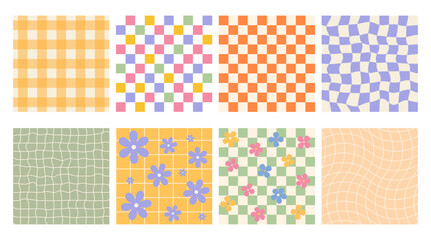 Retro checkered colorful background set. Collection of isolated 1970s Retro pattern groovy trippy. Flowers and psychedelic abstract background. Seventies Style. Hippie Aesthetic. Vector Illustration