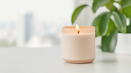 A lit candle in a peach-colored holder on a minimalist table, blurred green plant in the background, serene indoor setting, and soft focus.