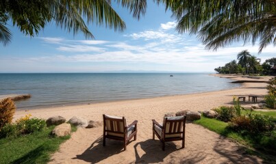 Two chairs on a sandy beach, overlooking a tranquil lake under a clear sky, dappled with palm trees