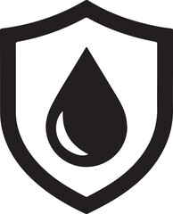 Outlined black shield with a large water drop overlapping the border, waterproof symbol, minimalist on white.
