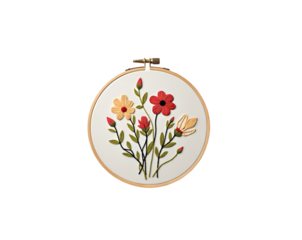 Exquisite Floral Embroidery in Hoop, A Delicate Composition of Hand Stitched Flowers and Buds Displayed in a Circular Wooden Frame, A Timeless Piece of Textile Art