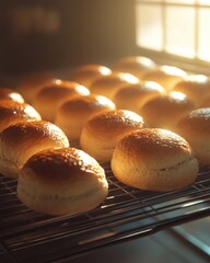 Golden brown freshly baked bread rolls cooling on a wire rack in warm, inviting light.