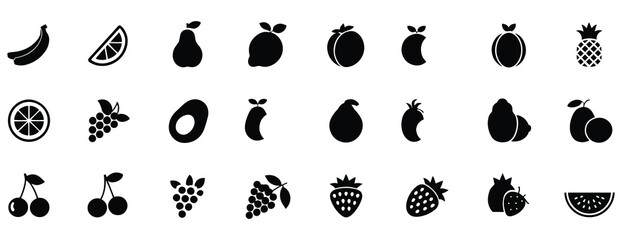 Fruits and berries icon set. Vector glyph of apples, pineapples, coconuts, bananas, oranges, lemons, grapes, cherries, and strawberries in black and silhouette. Healthy, fresh, organic nutrition.