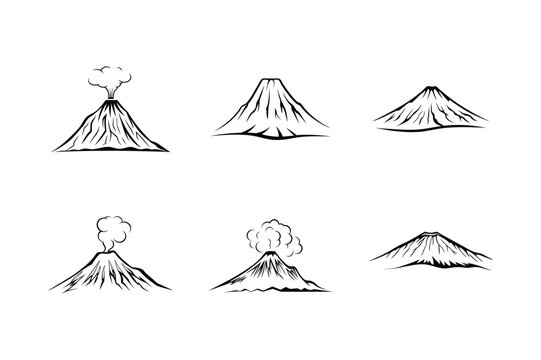 Variety of volcano drawing illustrations in black and white on beige background