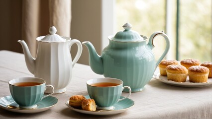 Fototapeta premium An Elegant Tea Service: Turquoise and White Teapots with Delicate Cups, Saucers, and a Tempting Array of Small Cakes.