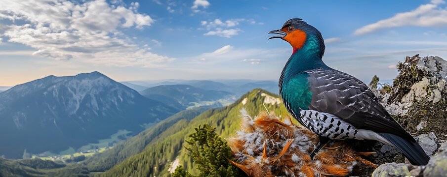 Himalayan monal perched atop a rocky mountain overlook