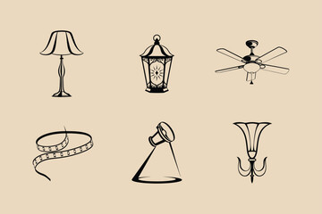 Interior design elements vector illustration of lamp lighting fan and decor