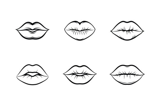 Set of six diverse line art lips illustration on white background