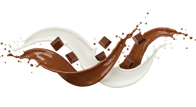 Splash de leite e chocolate com peda&ccedil;os flutuantes de chocolate em fundo transparente. Conceito de sabor, frescor e ingredientes doces em movimento din&acirc;mico.

