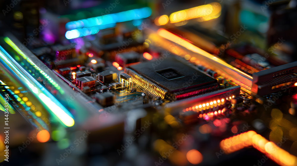 Poster illuminated computer hardware: a close-up view of a cutting-edge computer motherboard, its intricate