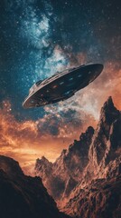 Obraz premium A sci-fi scene featuring a sleek spaceship soaring above alien mountains under a vibrant galaxy.
