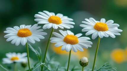 Fototapeta premium Delicate white daisies in a garden setting. Four blossoms with bright yellow centers are in sharp focus against a soft, out-of-focus green background. Nature's beauty