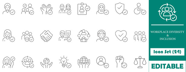 24 minimalist line icons representing workplace diversity and inclusion. Includes icons for teamwork, equality, gender, disability, and more. Ideal for business, HR, and diversity projects.