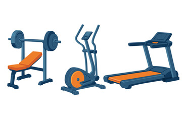 Fitness Equipment Set: Bench Press, Elliptical, and Treadmill Illustrator