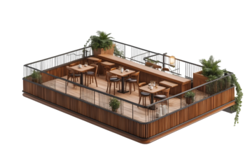 Futuristic aerial cafe with retractable decks providing panoramic views and lush greenery offering a serene and innovative dining experience above the world