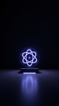A glowing blue atom model with neon details on a dark background.