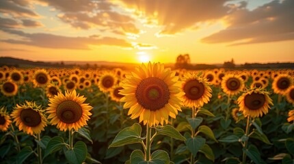 Fototapeta premium Blooming sunflowers golden heads turned to the sun radiant beauty vitality fields under the blue sky