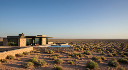 Modern Desert Home With Pool In Arid Landscape Under Blue Sky