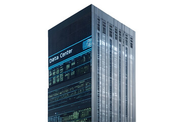 Futuristic Data Center Skyscraper with Digital Facade Displaying Information, Representing Technology, Innovation, and Global Connectivity in the Digital Age