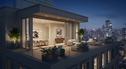 Luxury Penthouse With Panoramic Cityscape Views At Night On Balcony