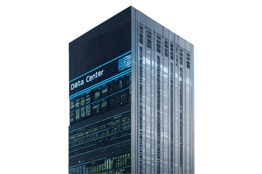 Futuristic Data Center Skyscraper with Digital Facade Displaying Information, Representing Technology, Innovation, and Global Connectivity in the Digital Age - Powered by Adobe