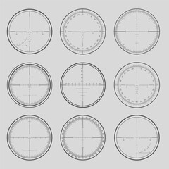 Set of military design elements - crosshair sniper scopes isolated on grey background. Vector illustration.