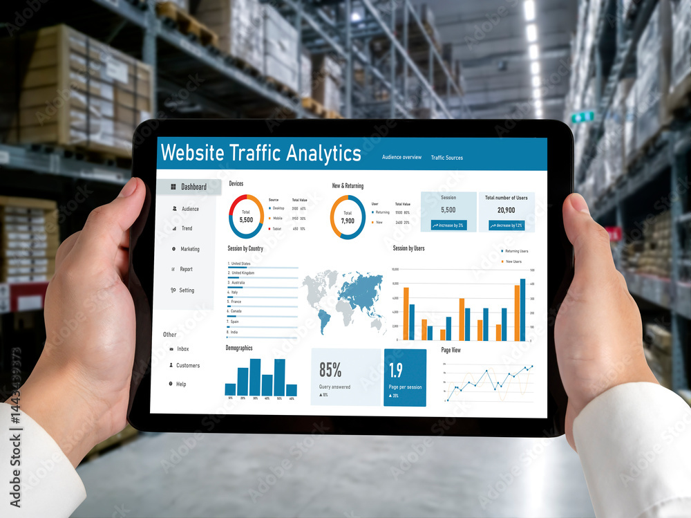 Poster computer software for website traffic analytics data on computer screen. concept of seo search engin